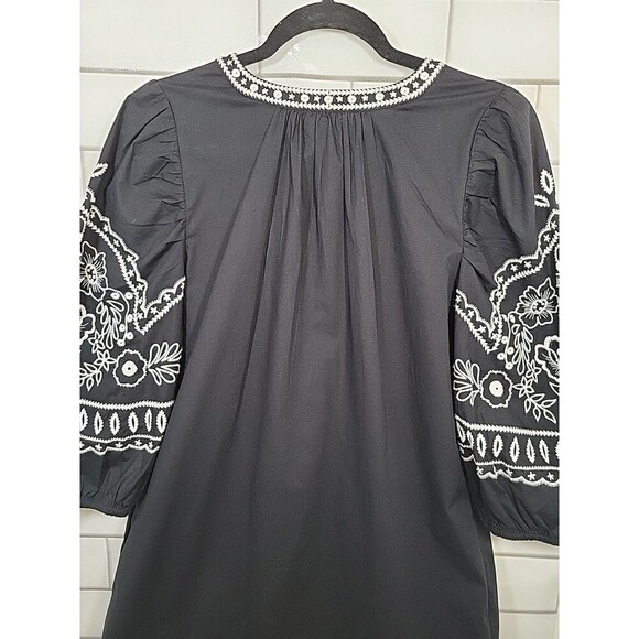 Chico’s Womens Sz 8 Black Embroidered Boho Tunic Dress Puff Sleeve Romantic Goth - Picture 6 of 7
